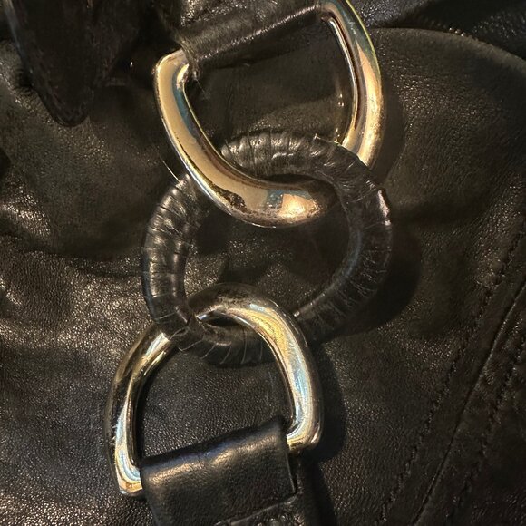 Michael Kors Black Leather Shoulder Purse with Gold Strap Links and Gold Pendant - Picture 16 of 16